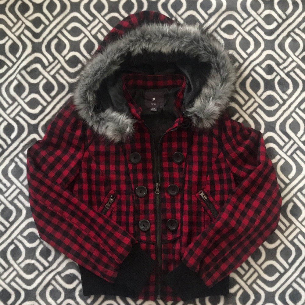 Plaid Black & Red Jacket w/ Hood